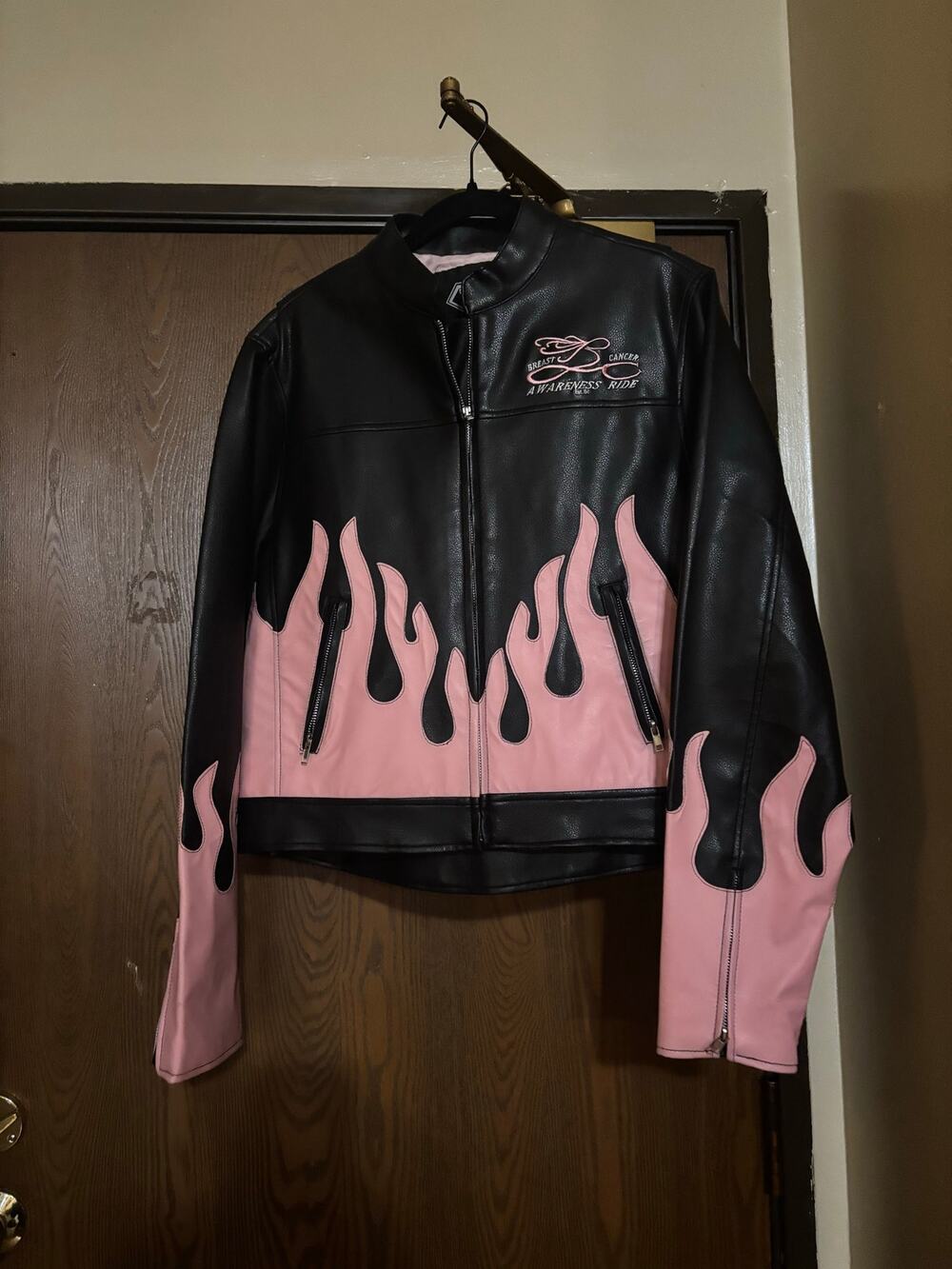 NWOT Diamond Plate Black Leather Pink Flames Fall/ Winter Outerwear Coat/ Jacket